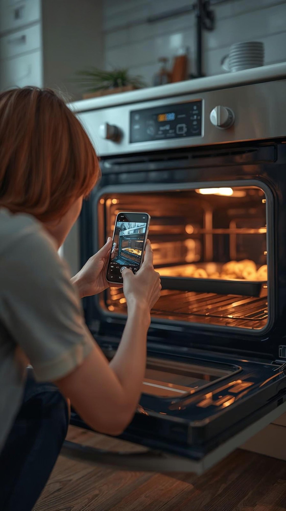 A tenant in their kitchen inspecting the oven in a Tenant Connect remote inspection-2