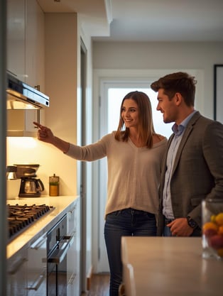 An image of a house kitchen. There are 3 people. One of the people is a real estate agent. The agent is showing the other people something in the kitchen. The other two are a couple. (1)