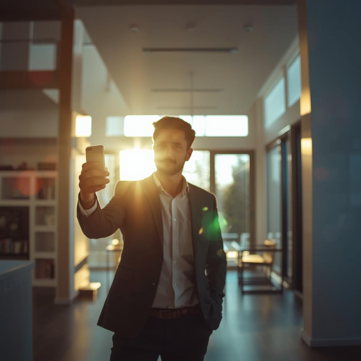 An image of a real estate sales person. They are standing in a house. Their phone is filming the room. They are pointing to the windows. (9)