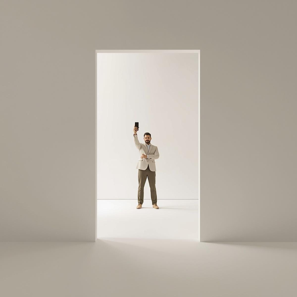An image of a real estate sales person. They are standing in a house. Their phone is held upright, filming the room. (2)