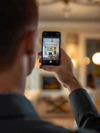 An image of one person showing a property. They are a real estate sales person. They are holding out their camera. They are facing away from us. Their phones camera is showing the room. We can see the screen and wha