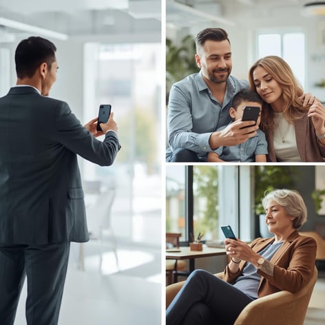 Three images within the one image. Dont make any of the images dark. Make them clean, light and bright. __The first image_ _A property salesperson. They are standing in a kitchen, holding a phone, looking at it. (1)